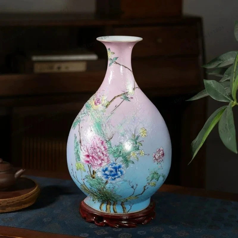 Jingdezhen ceramic vase hand-painted pastel flower ornament Chinese living room TV cabinet Bogu frame high-end decoration