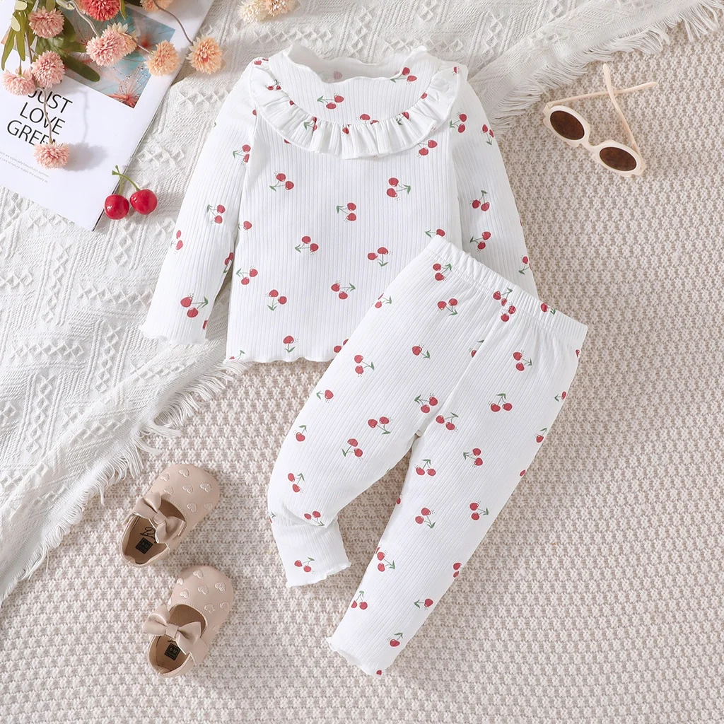 Newborn Girls 3-24 Months Fashion Pajamas Long Sleeve Ruffled Pajamas Cherry Print suit Toddler Baby Clothes