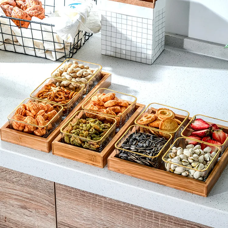 Glass Snack Platter Multi-cell Suit with Rectangular Wooden Pallet Home Square Dried Fruit Bowl Plate Tableware