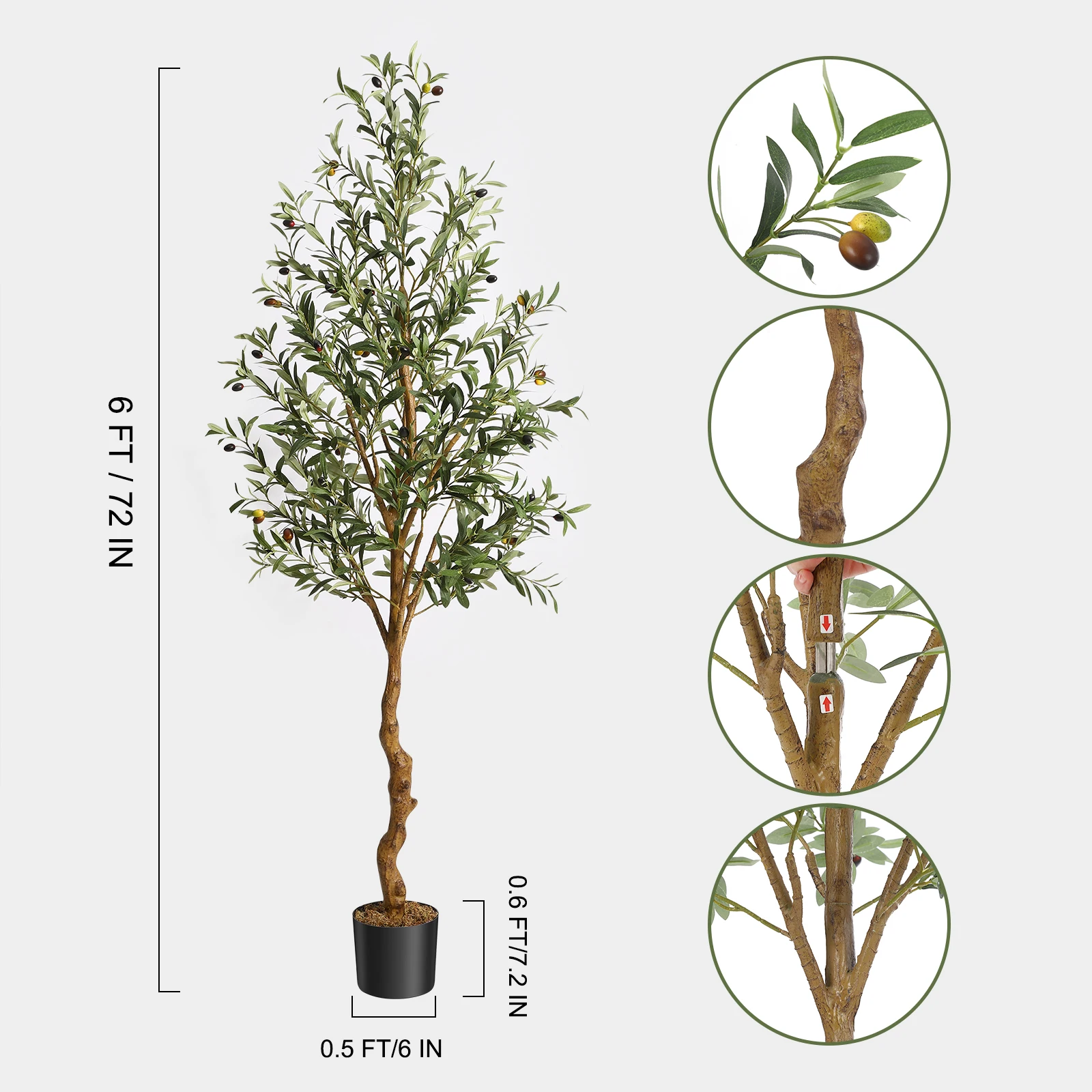 Artificial Olive Tree 6FT(72in) Tall Faux Silk Olive Trees Fake Potted Tree with Natural Wood Trunk and Lifelike Fruits for Home