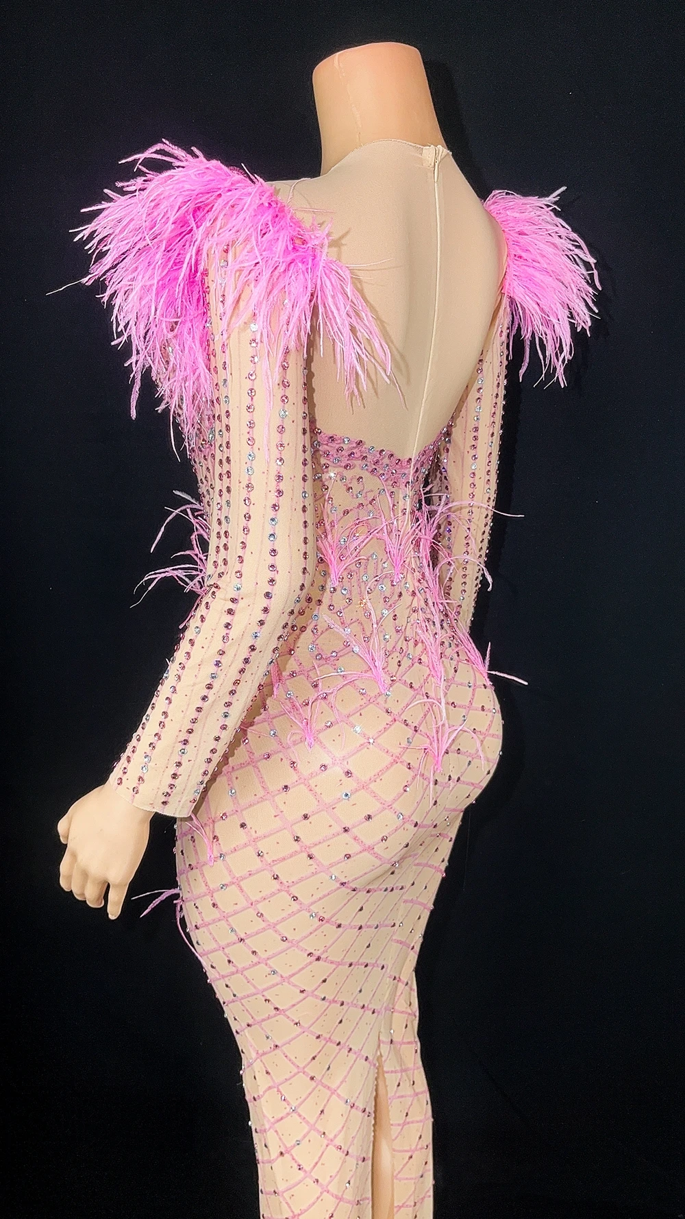 Sparkly Rhinestones Feathers Long Dress Sexy Celebriate Birthday Party Evening Prom Dress Photography Wear Show Stage Costume