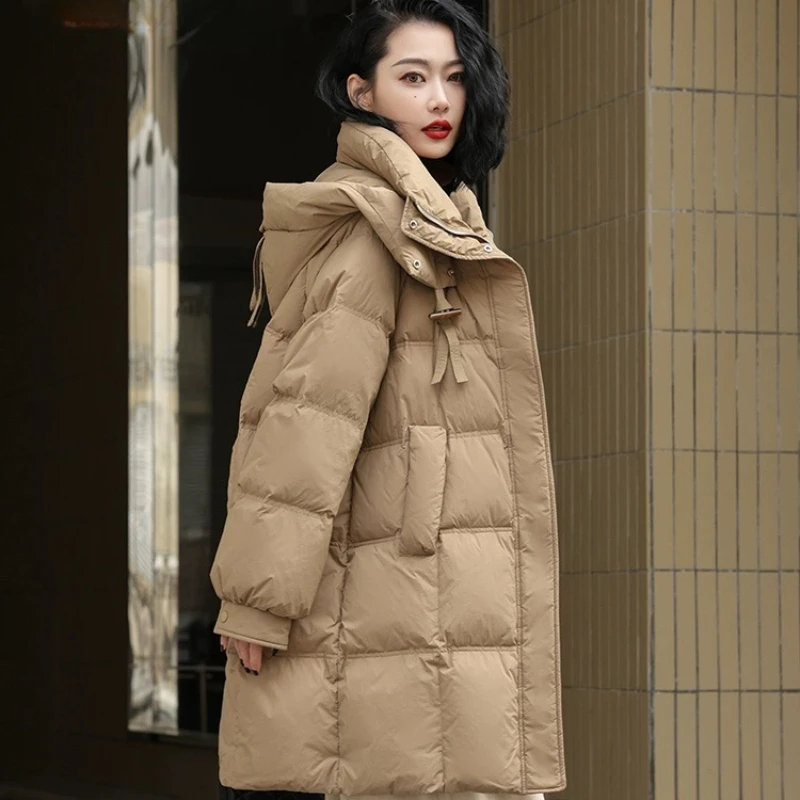 Mid-length Hooded Down Jackets with Pockets for Women, Casual Parka, Windproof, Thickened Warm Loose Coats Korean Fashion Winter