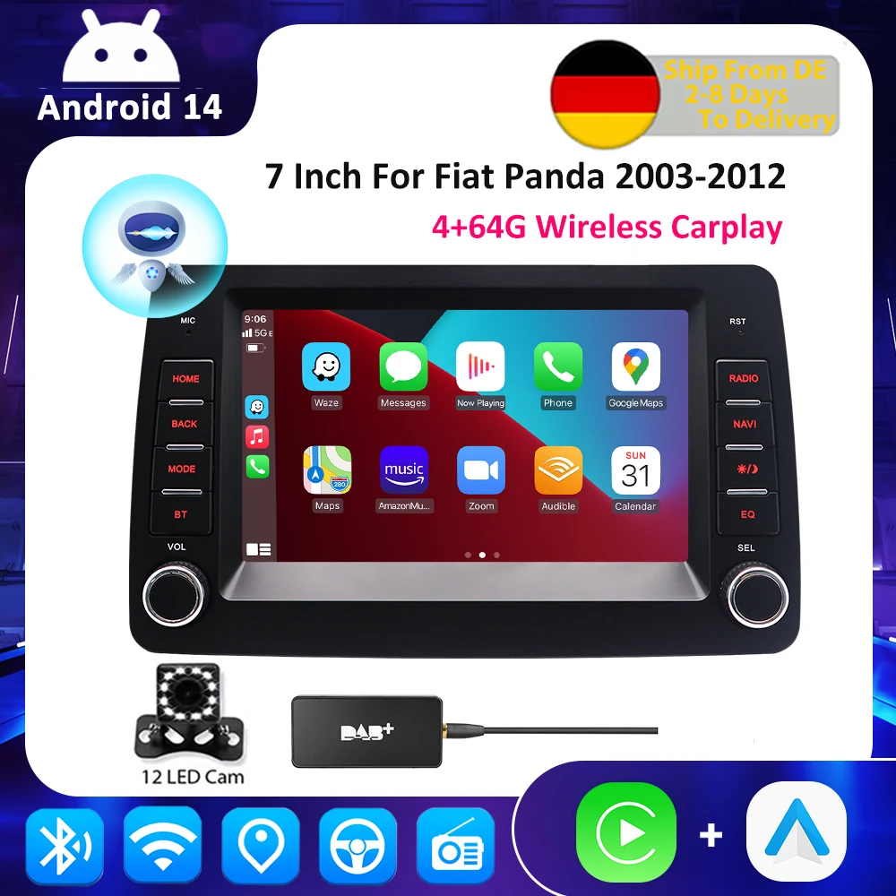 ESSGOO Android 14 Autoradio Carplay Per Fiat Panda 2003-2012 Navigazione GPS Lettore MP5 Bluetooth Auto Stereo HD Touchscreen