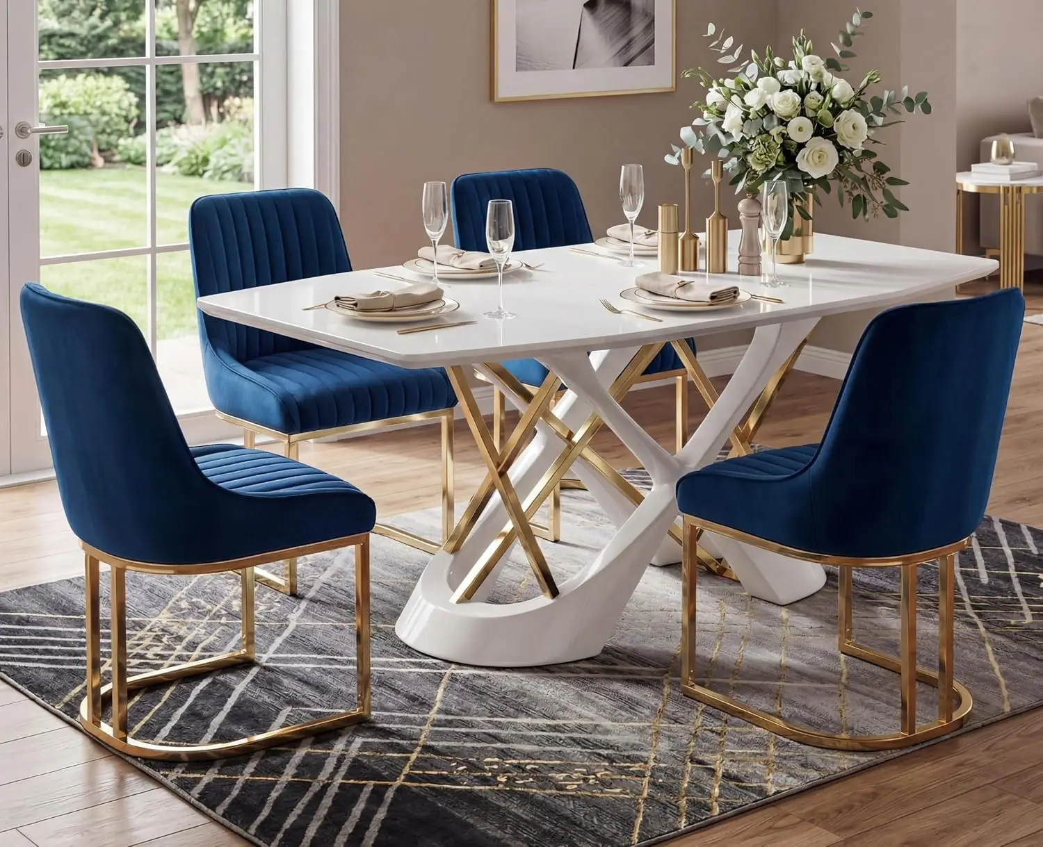 Velvet Dining Chairs Set of 4 Modern Accent Gold Metal Base Padded Kitchen Armless Side Chair Navy Blue, Customized