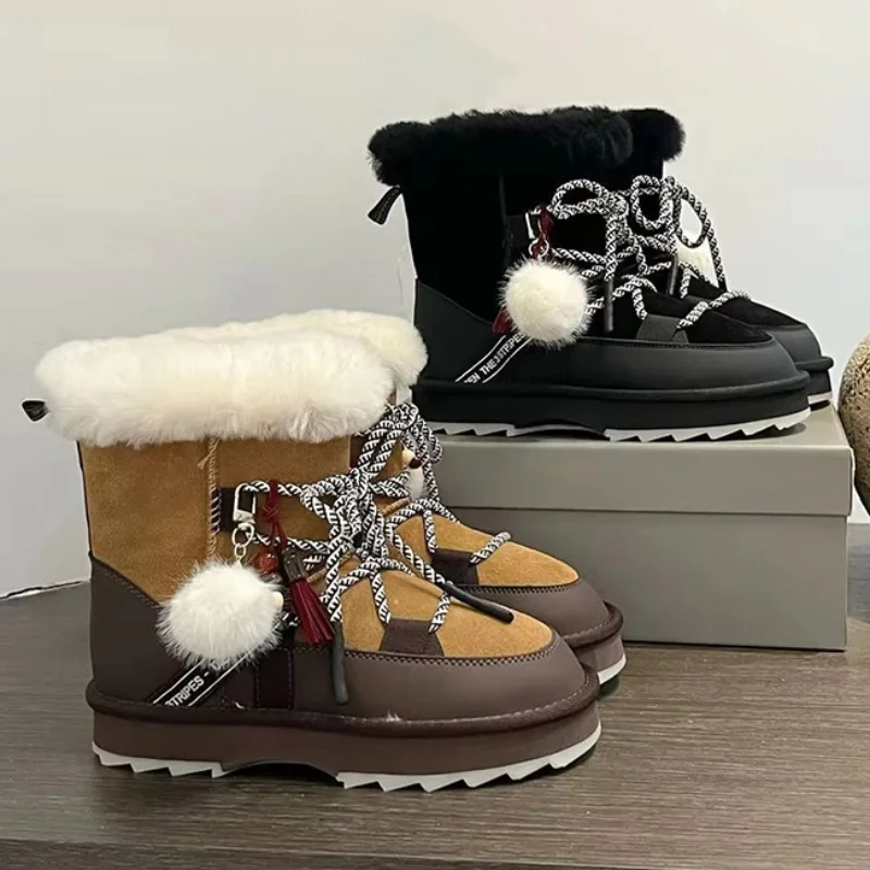 Plush Warm Snow Boots For Women Fashion Short Thick Non-slip Sports Shoes Lace-up Zipper Ankle Boots Thick Sole Shoelace Pendant