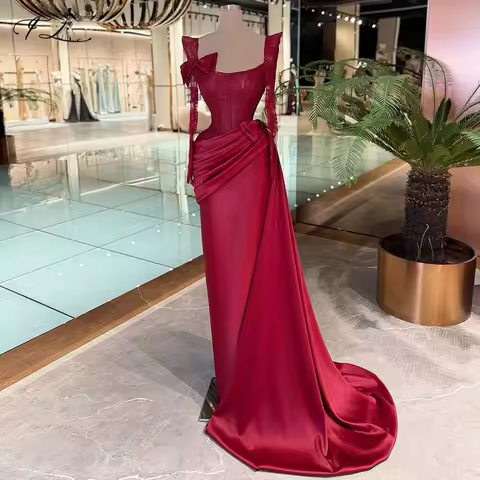 Simple Occasion Dress Red Lace Satin Long Dress With a Train Bow Decoration U-Neck Long Sleeve Mermaid Dress Party Evening Dress