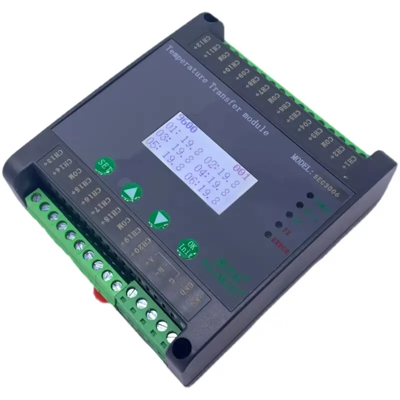 20 Channel Temperature Transmitter PT100 Thermal Resistance Acquisition Module LCD Digital Display RS485 Communication