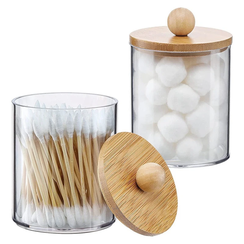 Caja de almohadillas de algodón para baño, organizador de accesorios, contenedores de almacenamiento, frascos de plástico transparente con tapas de bambú para bola de algodón, hilo dental