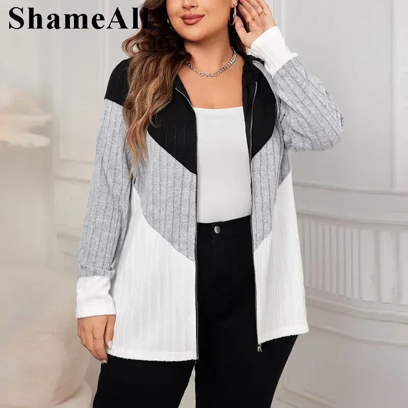 Women'S Plus Size  Hooded Drawstring Striped Loose Zip-Up Jacket Ribbed Sweater Causal Knit Jacket