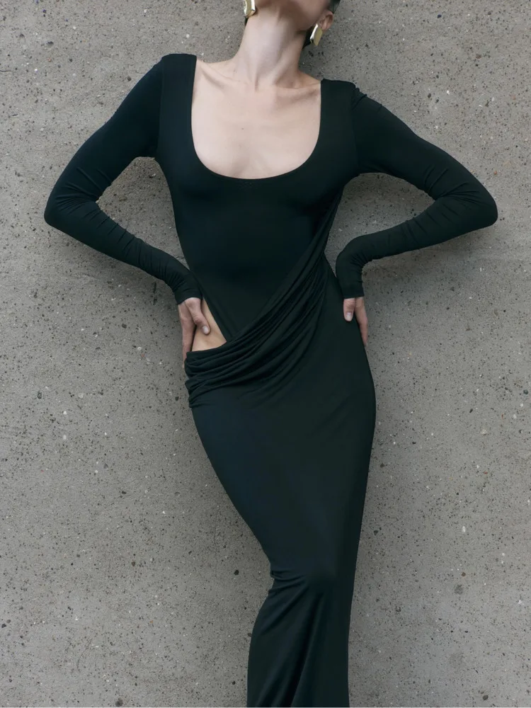 블리판보 우아한 속이 비치는 맥시 드레스 여성 U넥 긴팔 로브 바디콘 백리스 슬림 섹시 클럽 파티 롱 드레스 패션