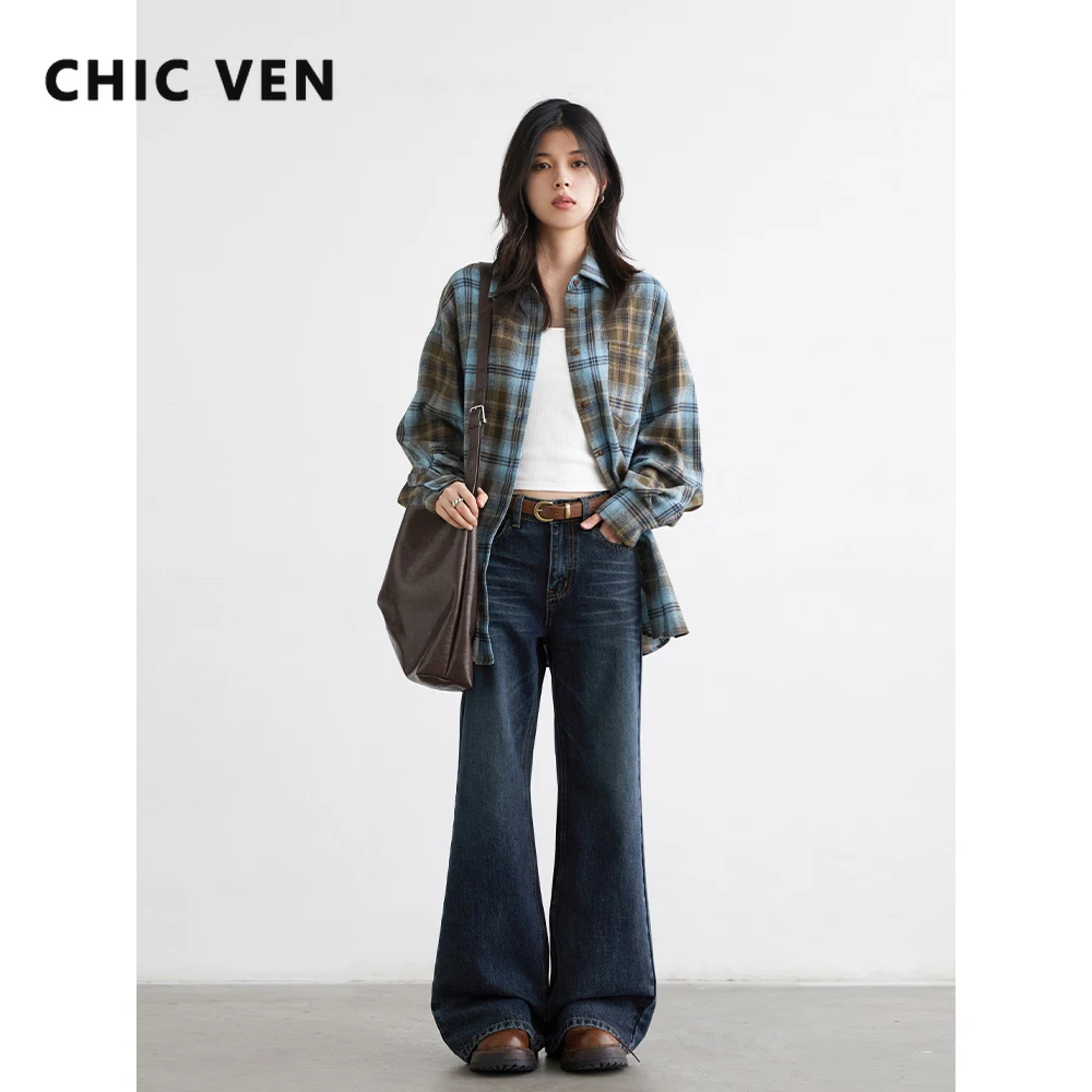 CHIC VEN Women Jeans Fashion Retro High Waisted Slim Micro Flared Denim Pants Korean Blue Female Trousers Spring Autumn New 2025
