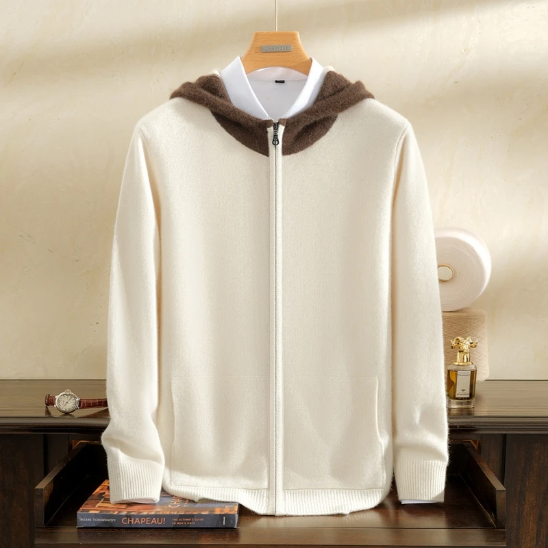 Men's Luxury 100% Pure Goat Cashmere Hooded Cardigan Zipper Sweater Thick Warm Clothes Casual Autumn Winter Knit Shirtater Tops