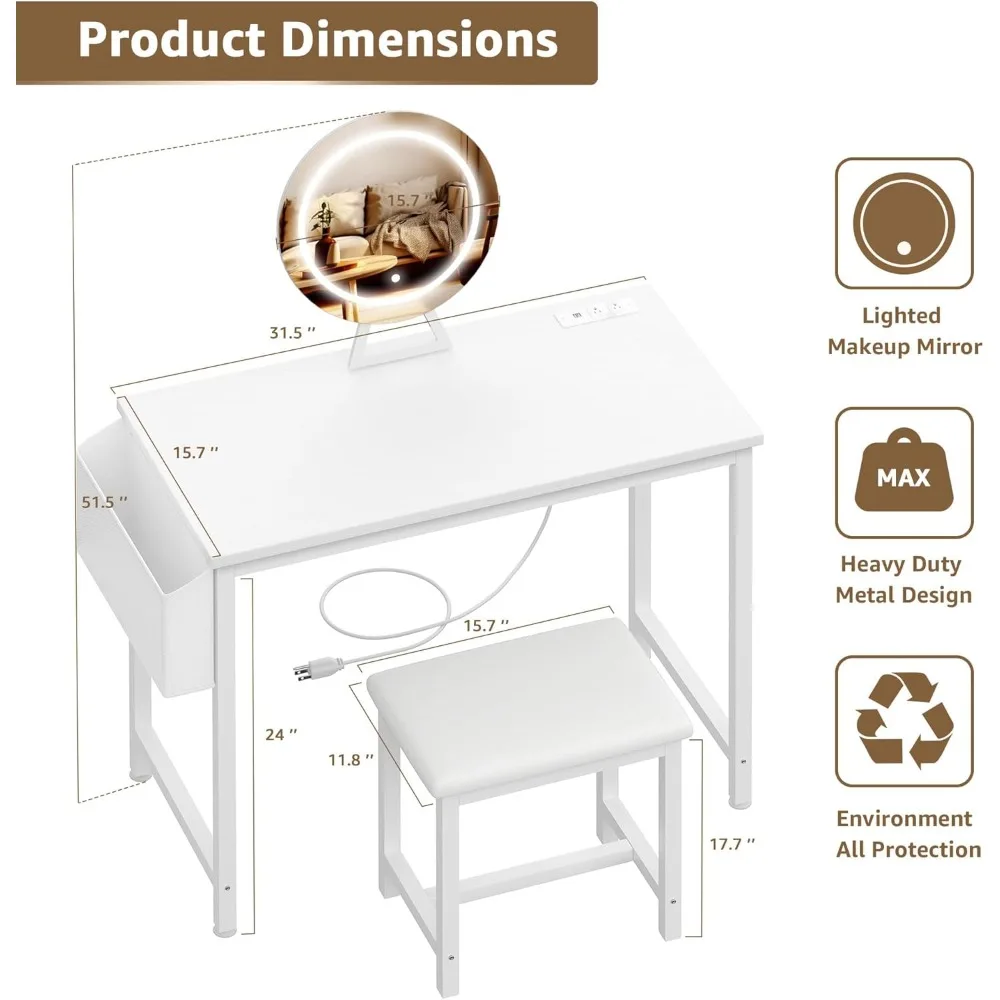 Small Vanity Desk with Mirror and Lights - Makeup Mini Girls Vanity Set Table with Chair, Power Outlet