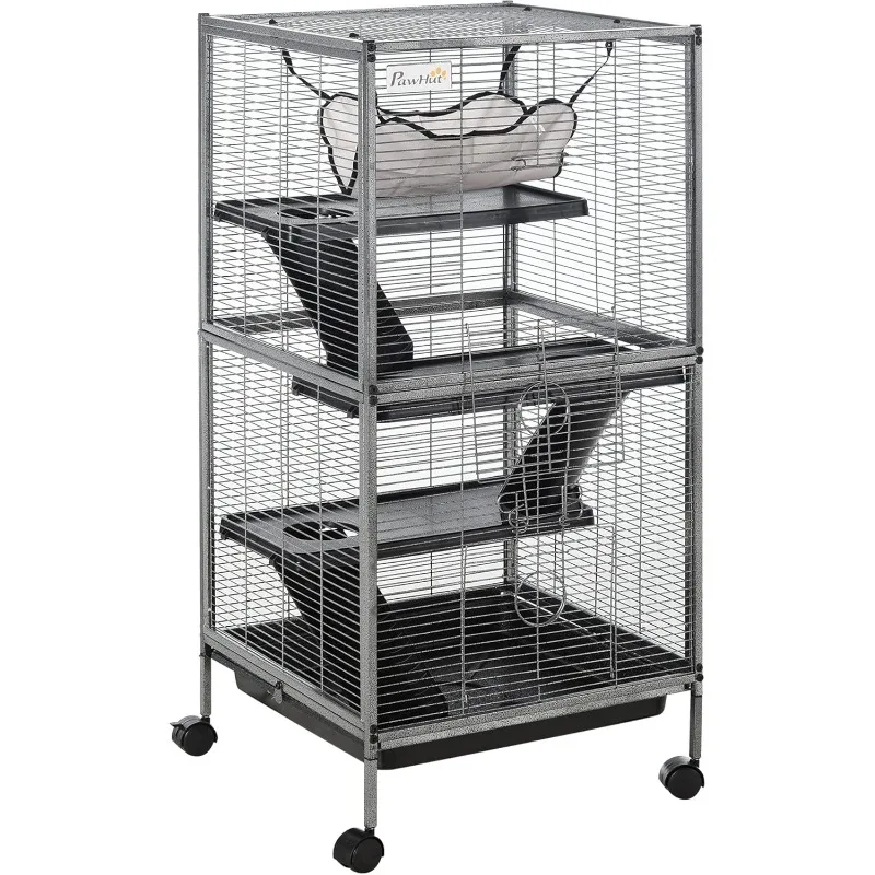 Metal Small Animal Cage Rolling Big Ferret Cage, Chinchilla Cage, Sugar Glider Cage, with Hammock