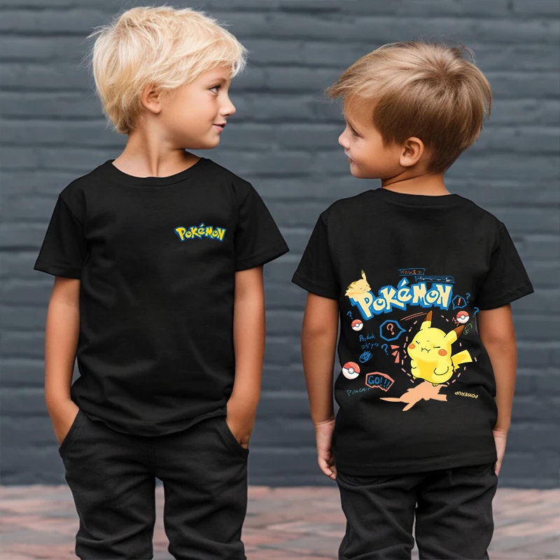 Pokemon print kids cotton T-shirt black short-sleeved casual top for boys and girls