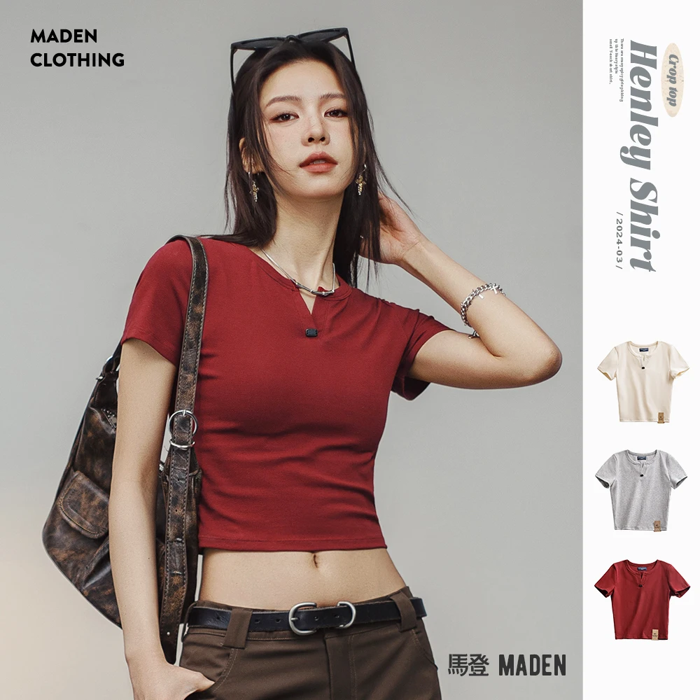 

Maden New Crop Top Henry Shirt Short-sleeved Slim T-shirt and Short Solid Color Inner Layering Cotton Tee for Women's Summer