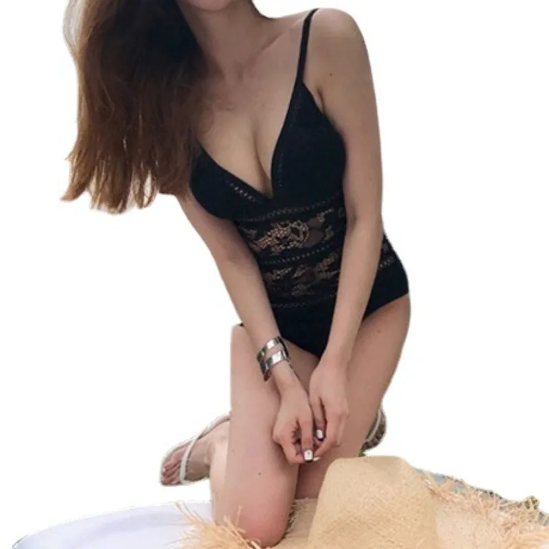 ชุดว่ายน้ำสไตล์เกาหลีแบบเซ็กซี่ ผ้าลูกไม้ตาข่าย คอวี ช่วยเก็บหน้าท้อง กระชับสัดส่วน แบบชิ้นเดียว ขาเต่อ สำหรับแช่น้ำพุร้อนและวันหยุดพักผ่อน