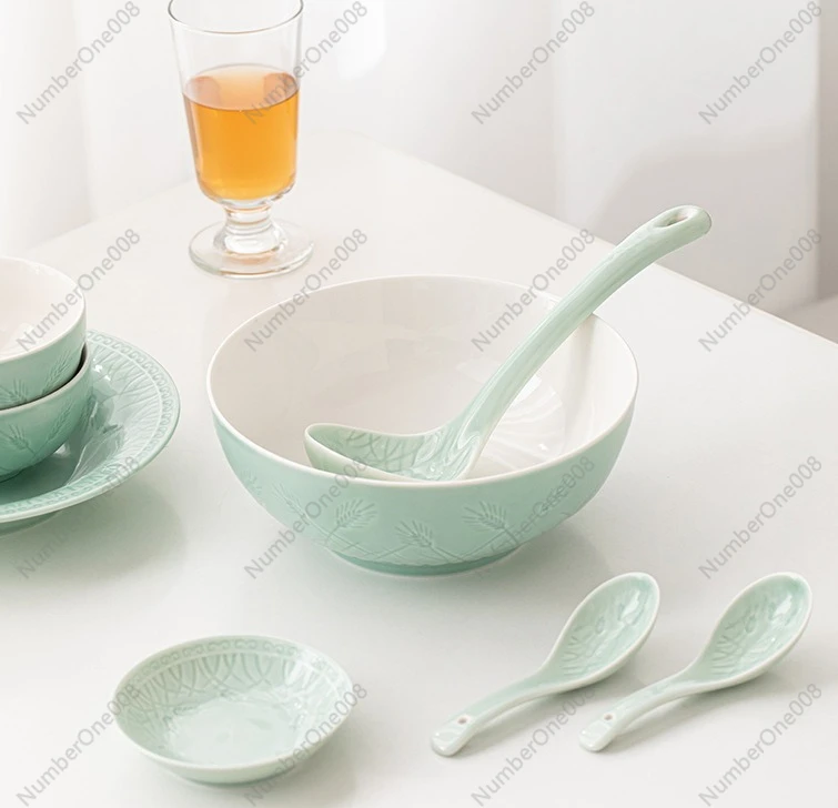 ชุดเครื่องถ้วยชามเซรามิกเซลาดอน 20 ชิ้น สีเขียวอ่อนลายข้าวสาลี ชุดจานชามสำหรับรับประทานอาหาร