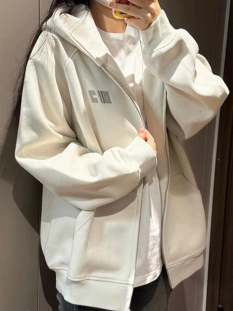 Damen-Strickjacke, übergroß, lässig, mit Kapuze, Reißverschluss, bestickt, lockerer amerikanischer Stil, fauler Windmantel, Herbst-Winter-Paar