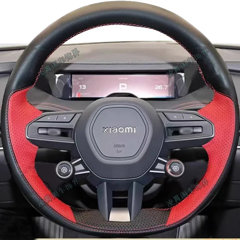 Hand-stitched black red Genuine Leather non-slip car steering wheel cover 100% Fit For xiaomi su7 pro max 2023 2024 auto parts