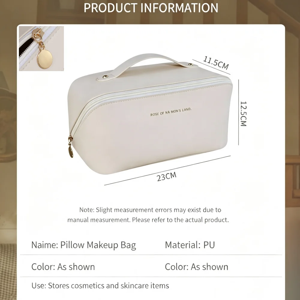 Large Capacity PU Pillow Makeup Bag, Portable Travel Cosmetic Organizer with Handle, Waterproof Toiletry Bag, 1 Pc, Random Color