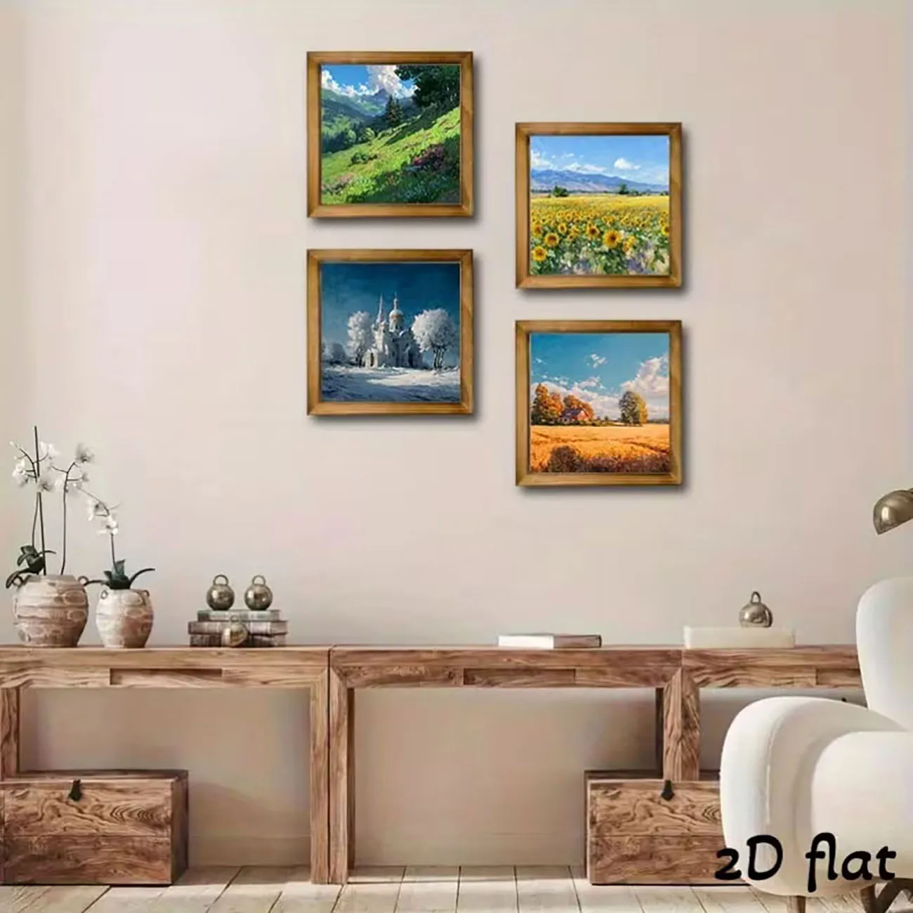 4 Pack Wooden Four Seasons Landscape Wall Decor Sunflower Wheat Church Print Nano Tape Drill Free Home Wall Ornament
