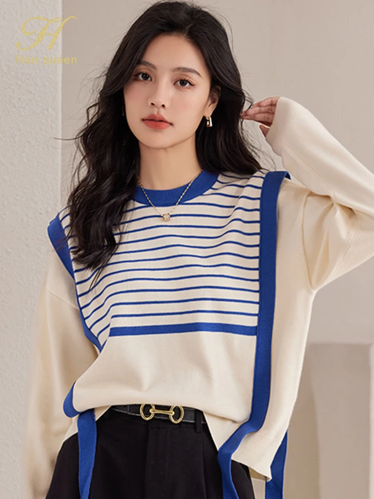 H Han Queen Korean pullovers sweater female autumn winter chic stitching stripes knitwear lazy wind vintage tops Women sweaters