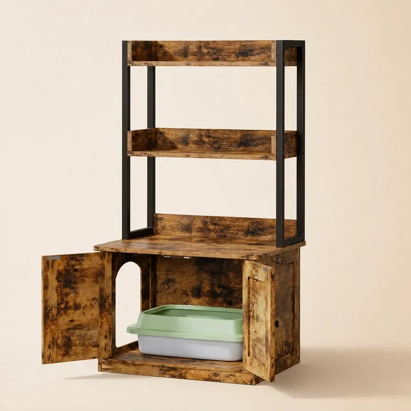 Retro Pet Cabinet Cat Litter Box Enclosure Odor Proof Furniture Industrial Style Multi Tier Rack Household