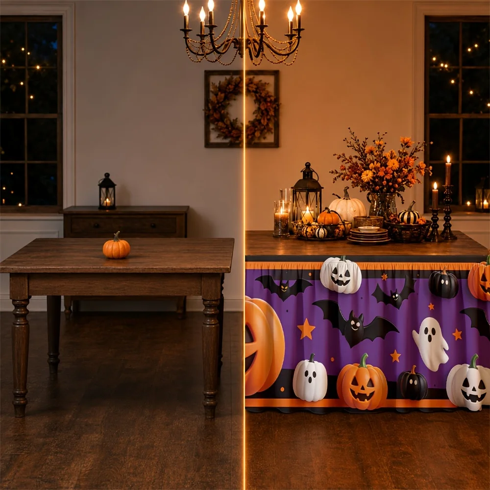 Table skirt / tableskirt - Halloween style - Purple background - Pumpkin ghost batzyc