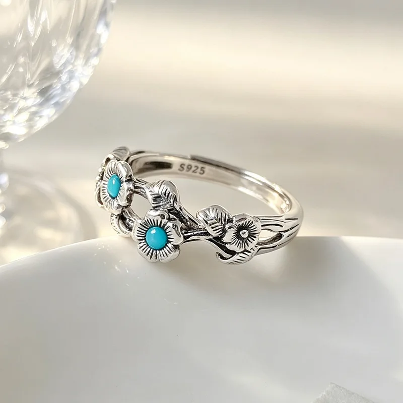 Vintage Plated Silver Plum Branch Ring for Women, Mid-century Style Inlaid Turquoise Ring, Retro Literary Elegant Fashion Finger