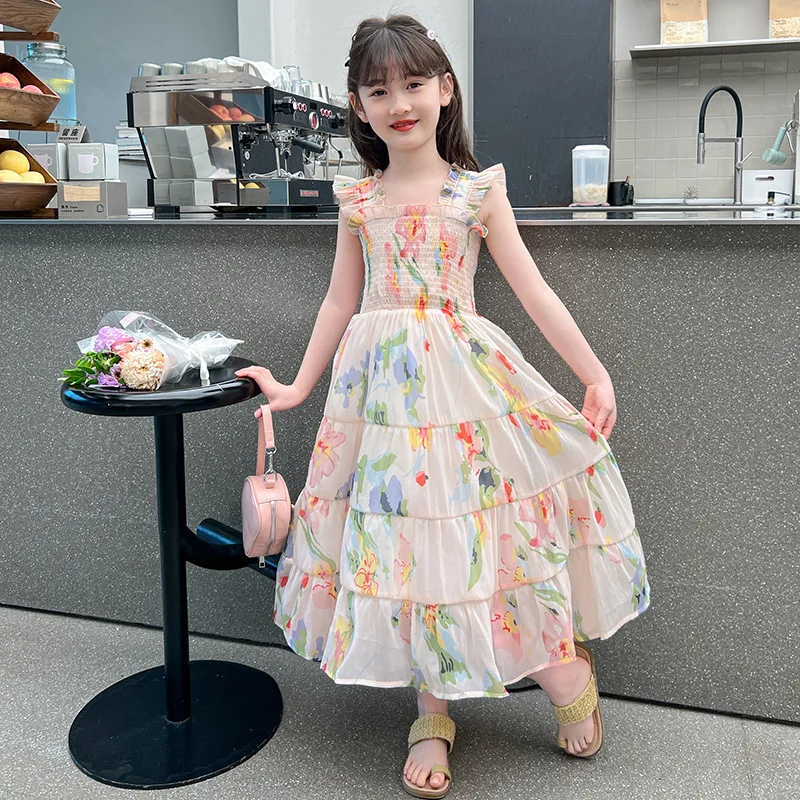 Girls Dress 2024 Summer New Childrens Clothes Western Holiday Style Beach Strap Floral Princess Dress Casual Simple Daily image 3