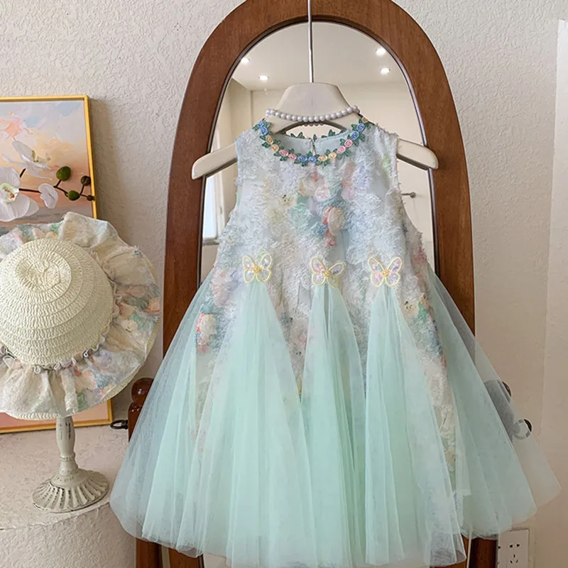 

Summer Dress Chiffon Flower Baby Girl Clothes Mesh Vest Skirt Girls' Princess Dress Children's Vacation Seaside Birthday Puffy