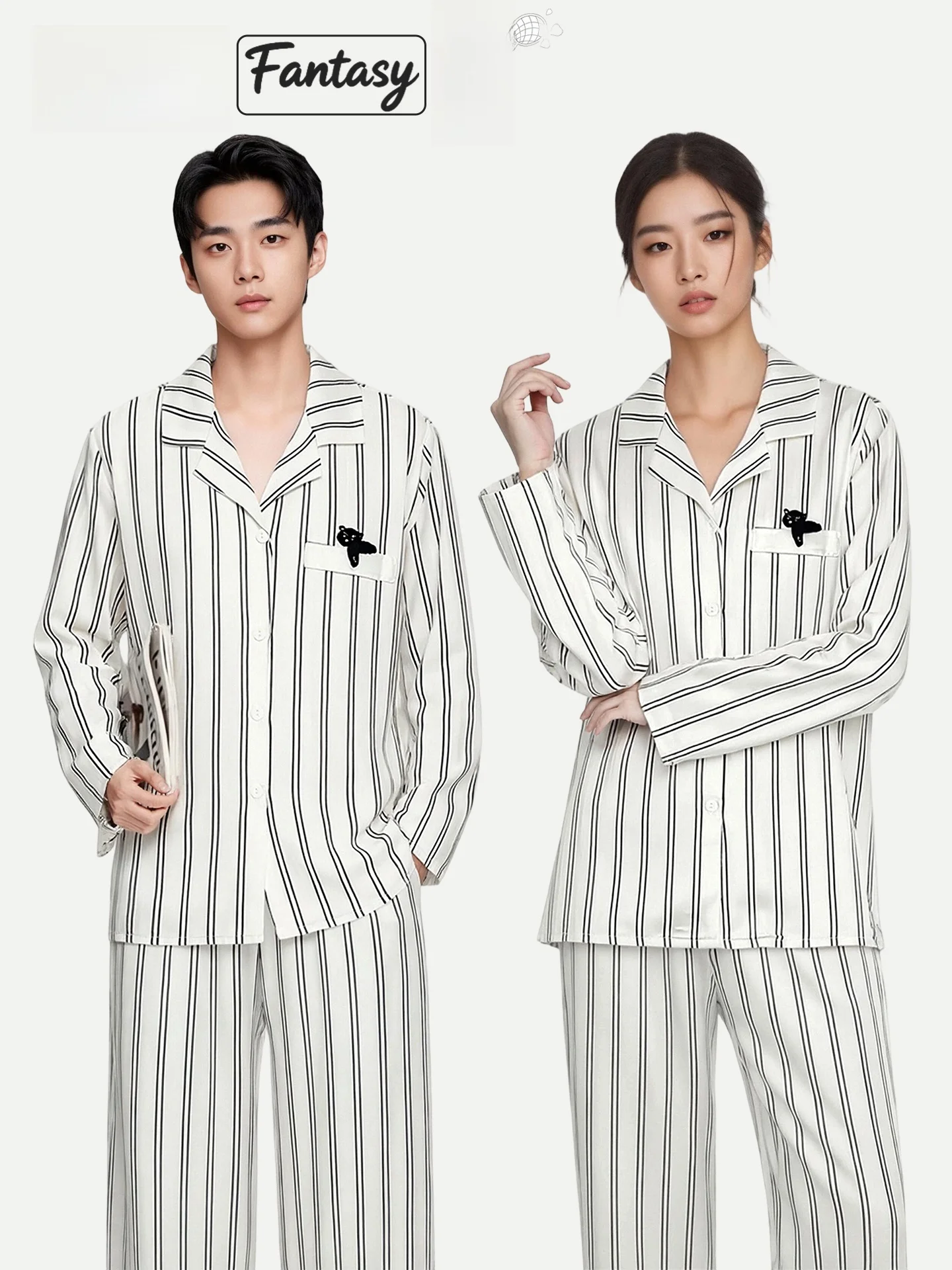 PinkBread Striped  Couple Style Thin Ice Silk Sleepwear Set Spring Summer Home Clothes Long Sleeve Soft Polyester Home Suit