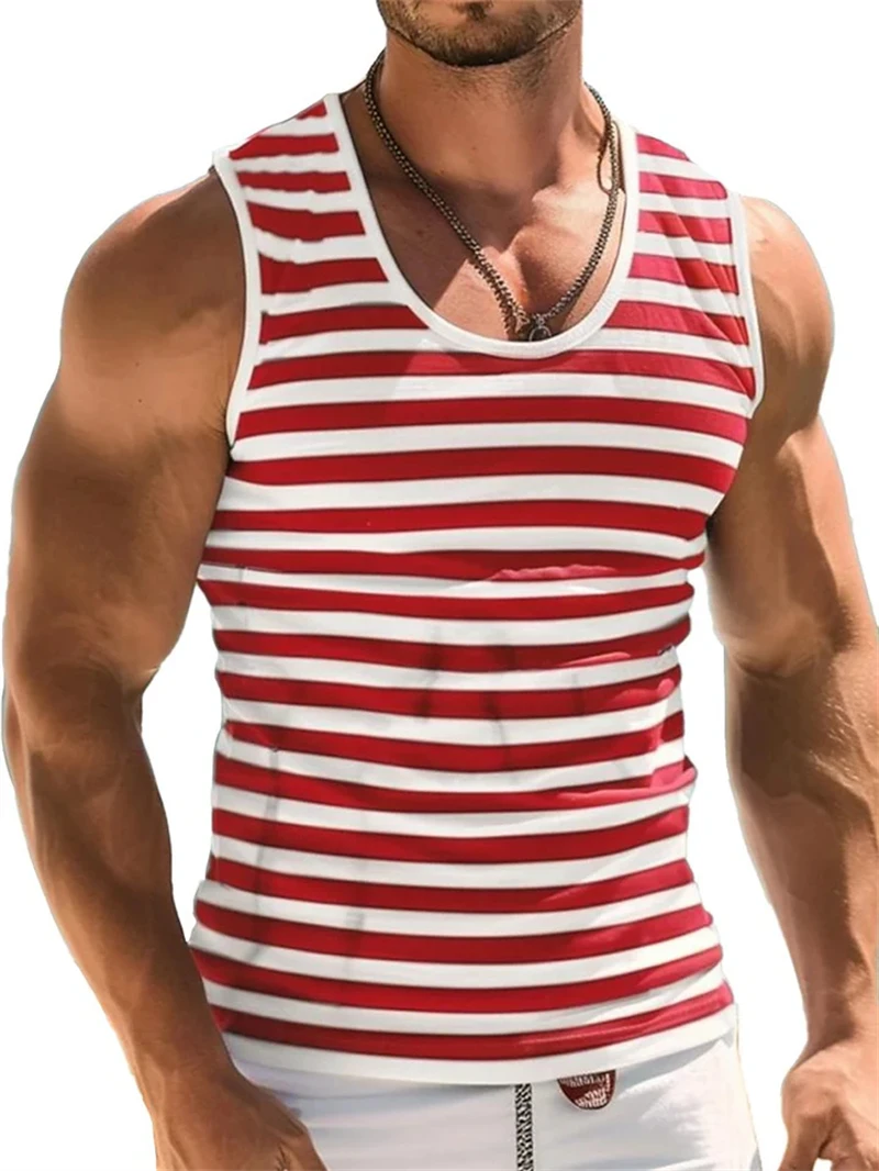 Mens Retro Stripe Graphic Tank Tops Fashion Summer Sleeveless Casual 3D Printed Vest Loose Quick Dry Breathable Tees Pullovers