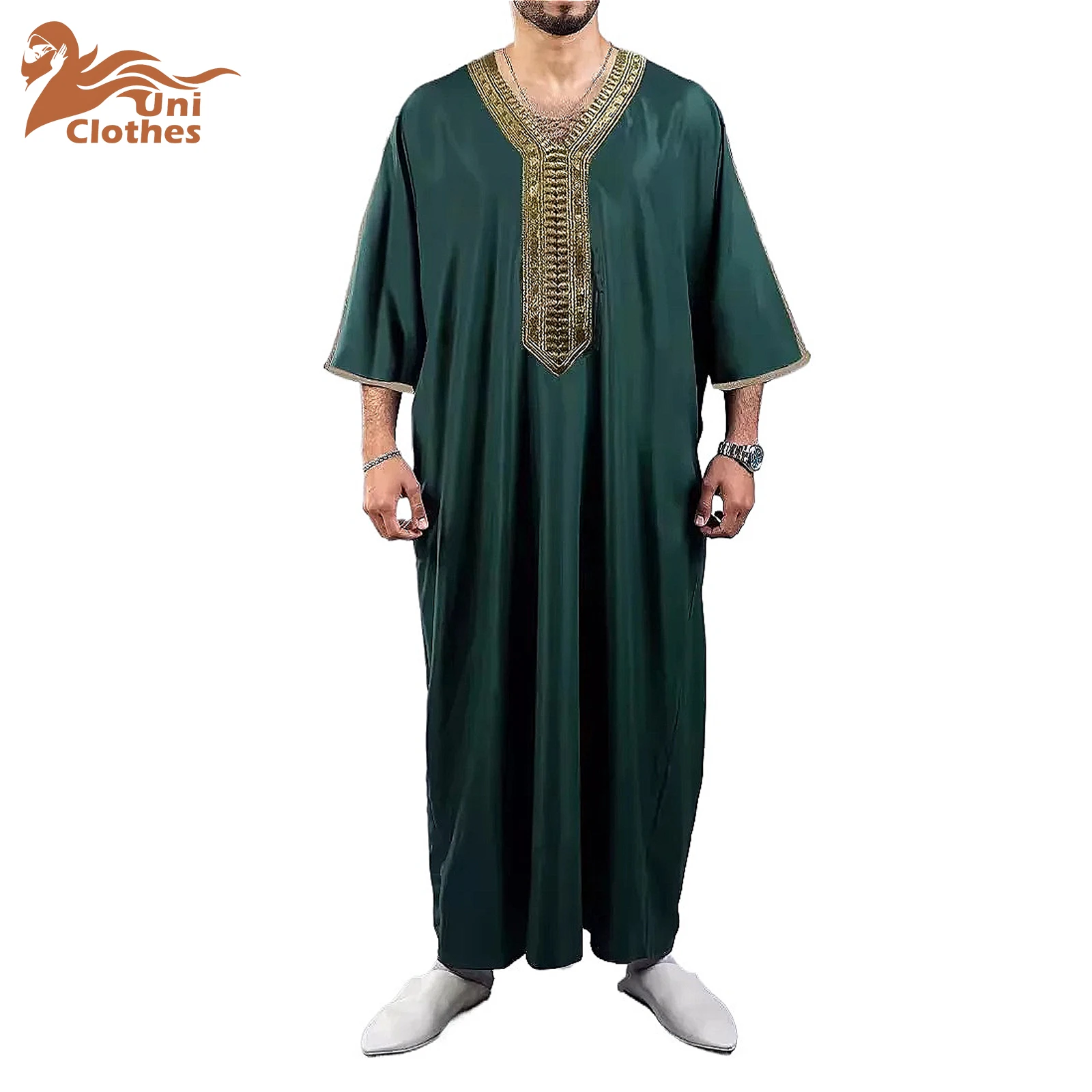 UNI Muslim Men's Casual Thobe Blouse Mens Summer Middle Sleeved Lace Robe Solid Color Loose Stitching Business Shirt Arabic Robe