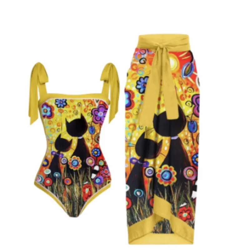 

2025 new European and American French retro printing one-piece swimsuit women's hot spring vacation beach skirt two-piece swimsu