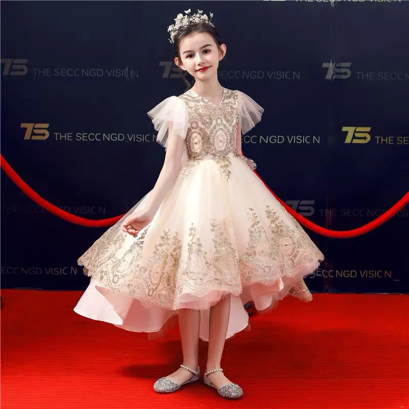 

Teen Girls Wedding Dress Sequin Lace Birthday Party Dresses Elegant Golden Tulle Evening Children Bridesmaid Prom Gown 3-14 Year