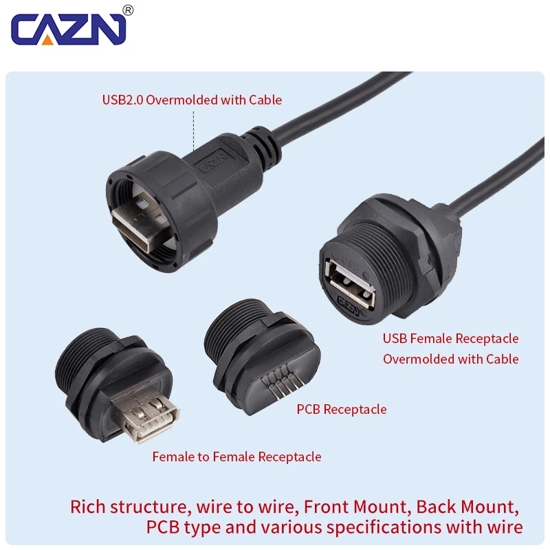 E13 Threaded Waterproof USB 2.0 Connector Overmolded Cable Plug Male Female IP67 PVC 0.3M 1M 2M 3M for Data Communication