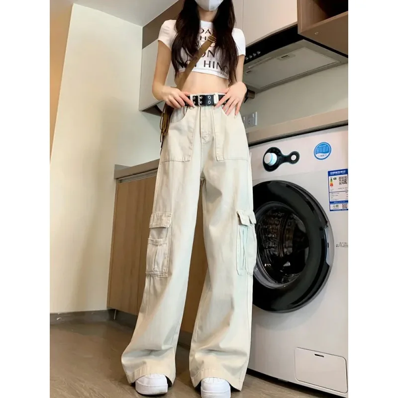 

Women Casual Streetwear Cargo Pants Trousers Female Big Pockets Casual High Waisted Button Wide Leg Korean Fashion Jeans