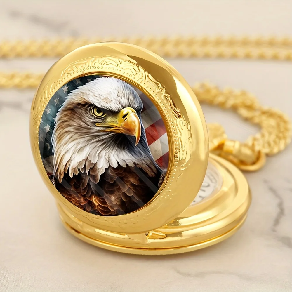 Luxury Bald Eagle Pocket Watch Animal Vintage Gold & Bronze Cool Exquisite Clock With Necklace Chain Men Children Best Gift