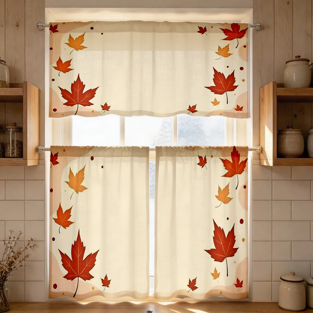 Fall Kitchen Curtains, Red Orange Maple Leaf Corner, Digital Print, Kitchen Dining Room, Rod Pocket Polyester, Home Decor
