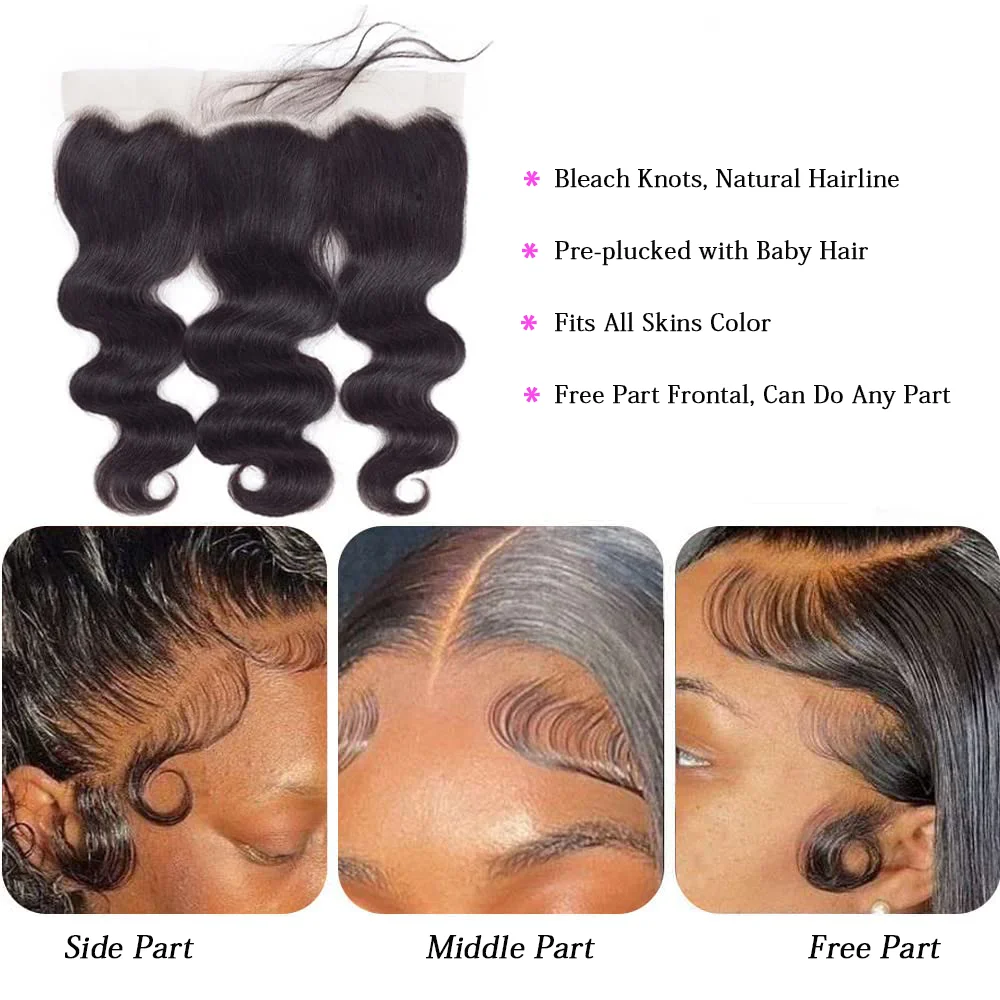 Mechones de cabello humano con cierre, cabello virgen brasileño, tejido de onda corporal, 3 mechones con encaje Frontal 13x4, extensiones negras naturales