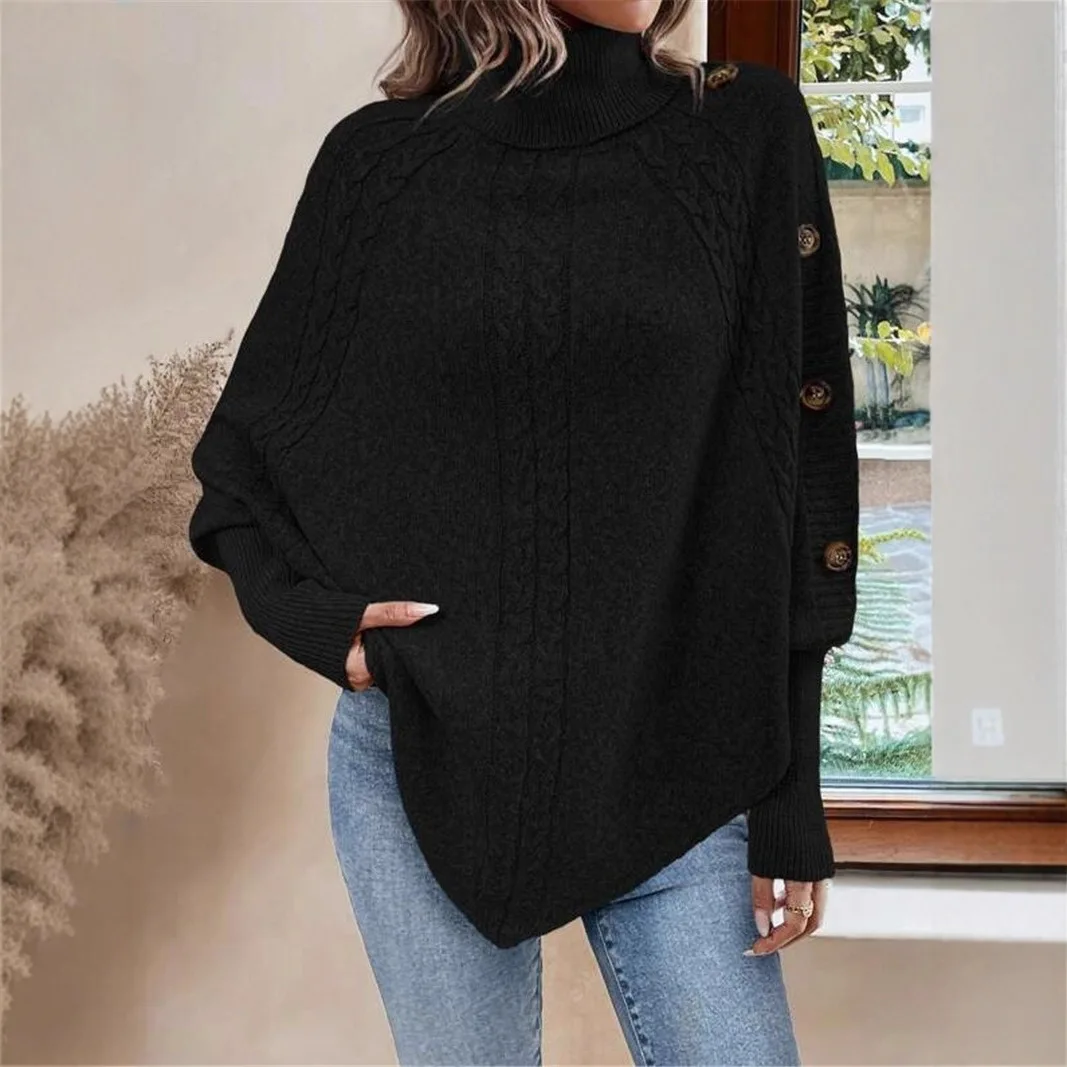 European and American Autumn and Winter Twisted Flower Women's Sweater High Neck Button Decoration Long Sleeved Bat Shirt