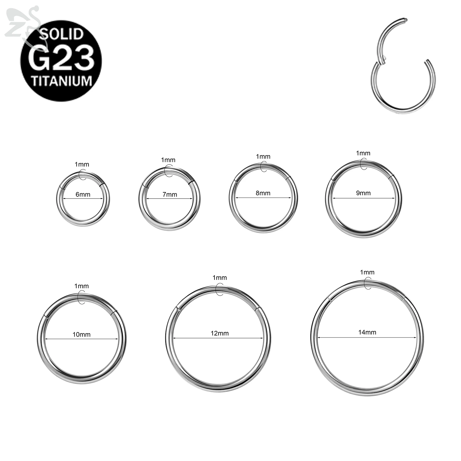 ZS 1 PC Round 20/18/16G G23 Titanium Steel Nose Ring 6-14MM Hoop Septum Lip Piercing Tragus Helix Cartilage Piercings Earrings