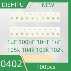 Condensador de Chip 100 piezas 0402, 1uF, 100nF, 10nF, 1nF/105k, 104k, 103k, 102k, 10%