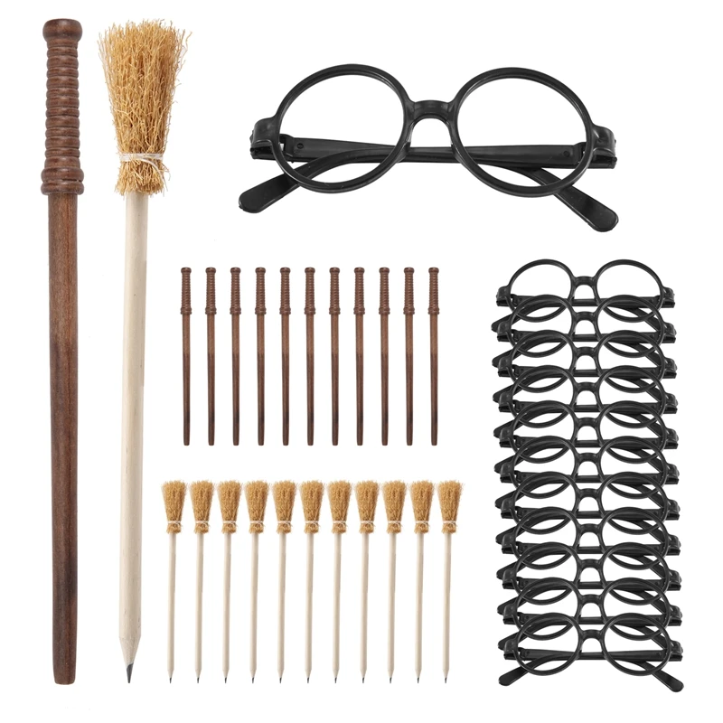 36 Pcs Witch Broom Pencil And Wands Pencils And Glasses With Round Frame No Lenses,Wizard Wands Theme Party Supplies