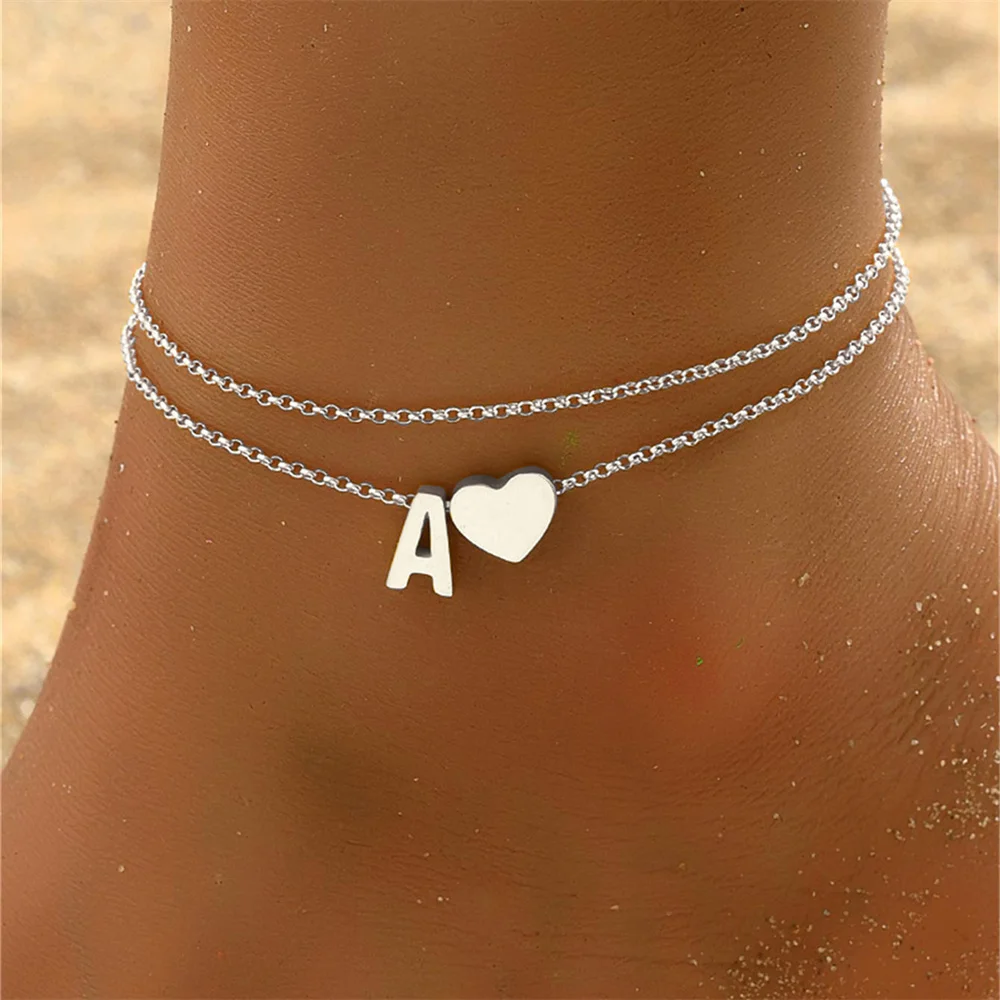 

Boho 26 Letters A-Z Stainless Steel Chain Anklets For Women Simple Heart Ankle Bracelet Anklet Beach Jewelry Summer Accessories
