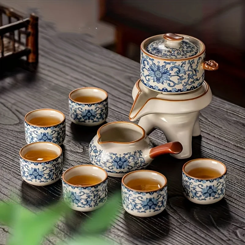 

Anti Scald Auto Tea Maker Ru Kiln Blue White Kungfu Tea Set Lazy Stone Mill Rotating Spout Brewing Pot