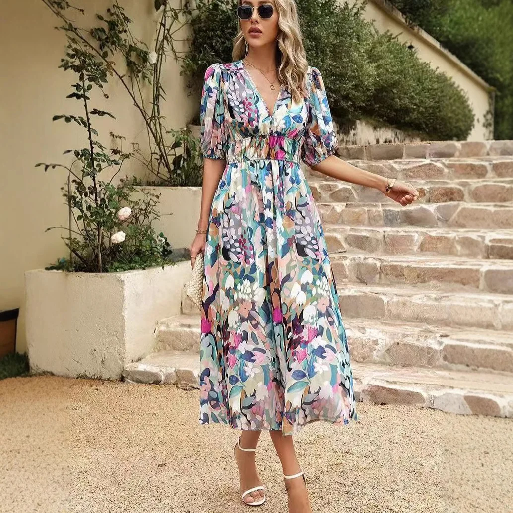 

Spring Summer V Neck Printed Waist Cinching Dress Women's Fashion A Line Maxi Dresses Bohemian Beach Clothing Outfits