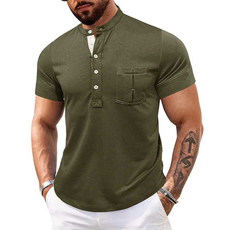 TRSYPHXM nouveau 2024 hommes en plein air col rond haut ouvert Henry manches courtes base T-shirt poche hommes polo